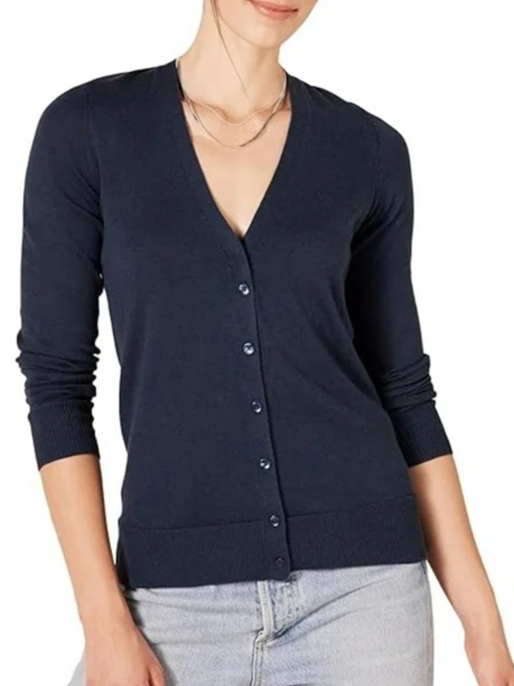 POL Navy Blue V-Neck Button-Front Cardigan Sweater, Women’s Size Large